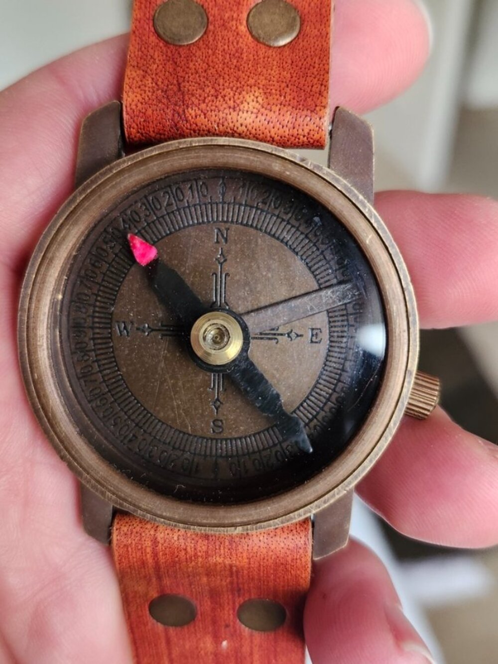 Ten Thousand Villages handmade artisan compass Tool face watch Format NAVIGATION